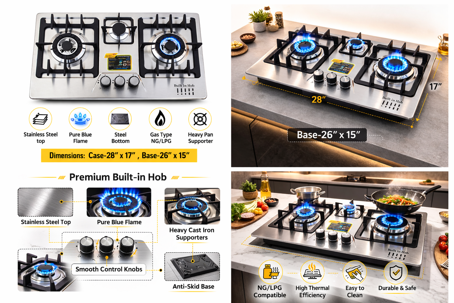 Lot Imported Kitchen 3 Burner Stainless Steel Auto Ignition Gas Hob - LPG & Natural Gas