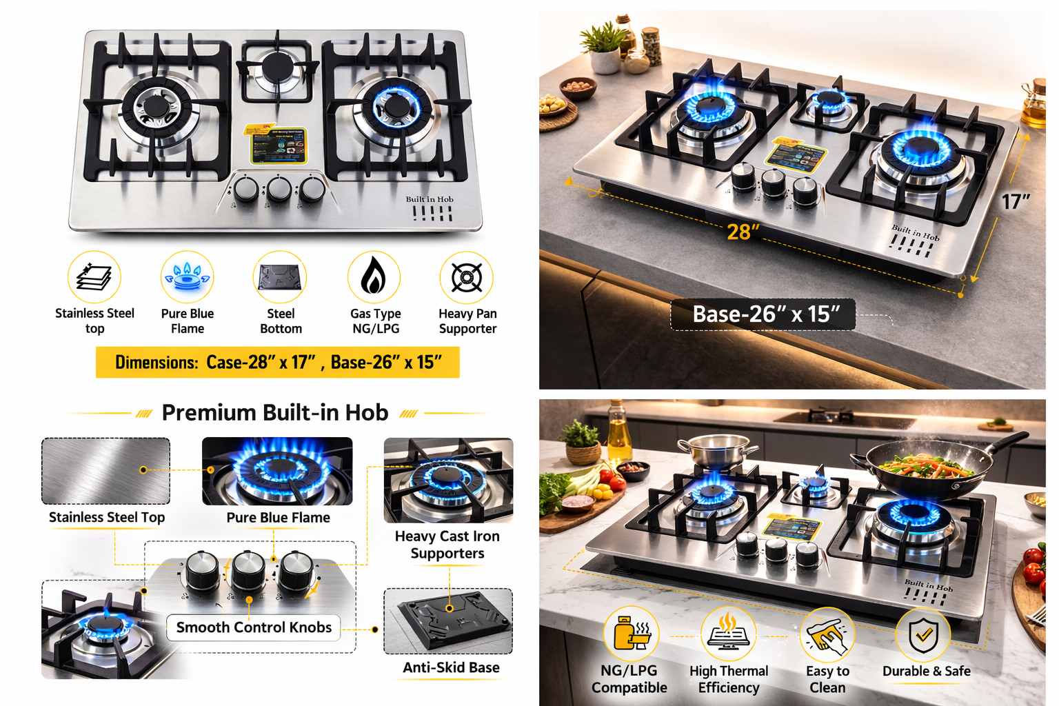 Lot Imported Kitchen 3 Burner Stainless Steel Auto Ignition Gas Hob - LPG & Natural Gas
