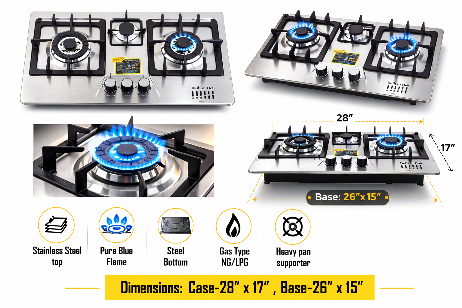 Lot Imported Kitchen 3 Burner Stainless Steel Auto Ignition Gas Hob - LPG & Natural Gas